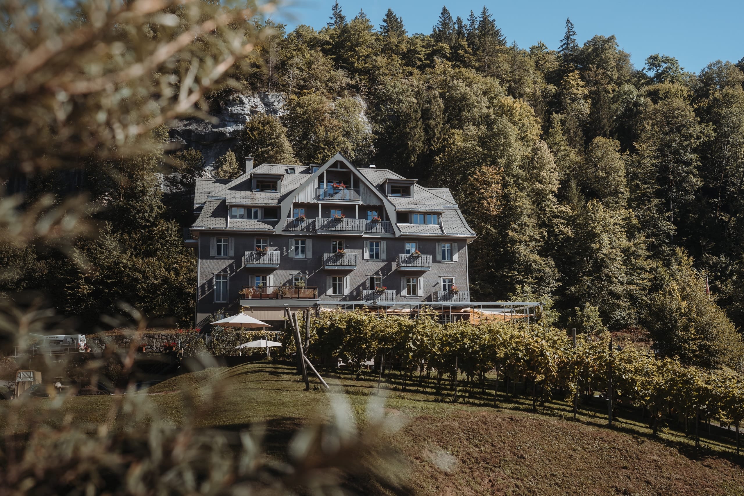 Das Hotel der Hochzeit am Hasliberg am Morgen, am Waldrand zwischen Bäumen